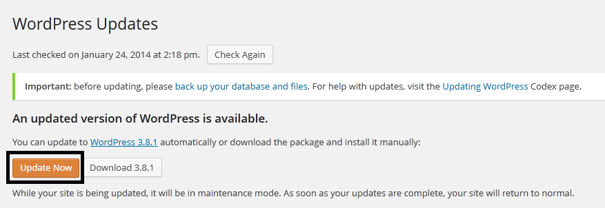 update now wordpress 3.8