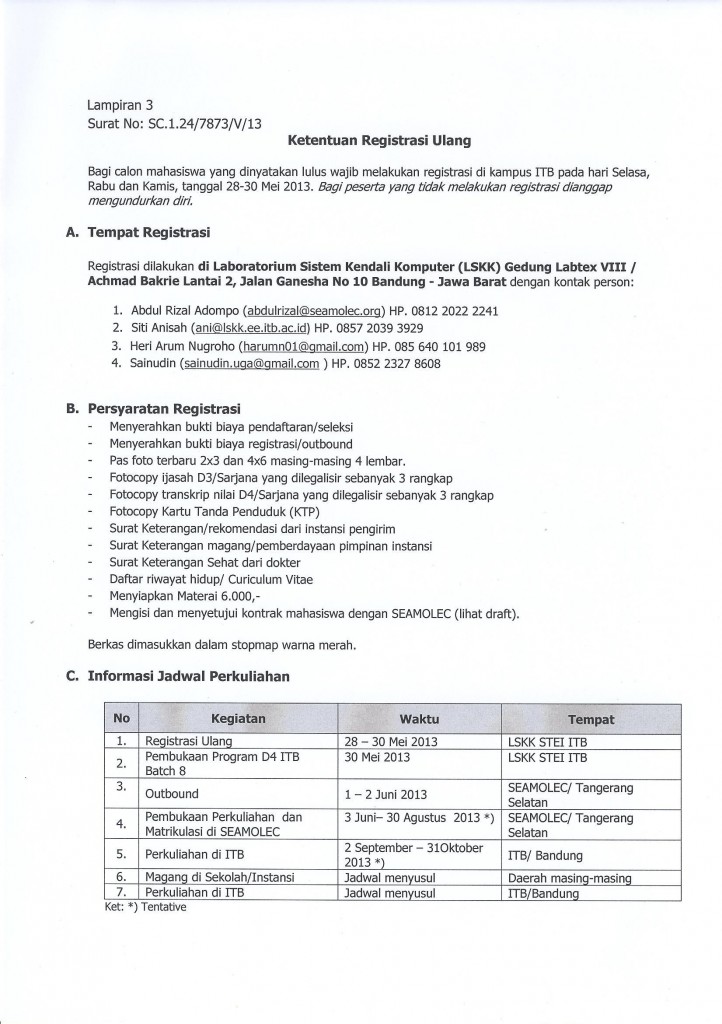 Pengumuman dan Informasi Kuliah Batch 8 D3D4 ITB Gelombang 1