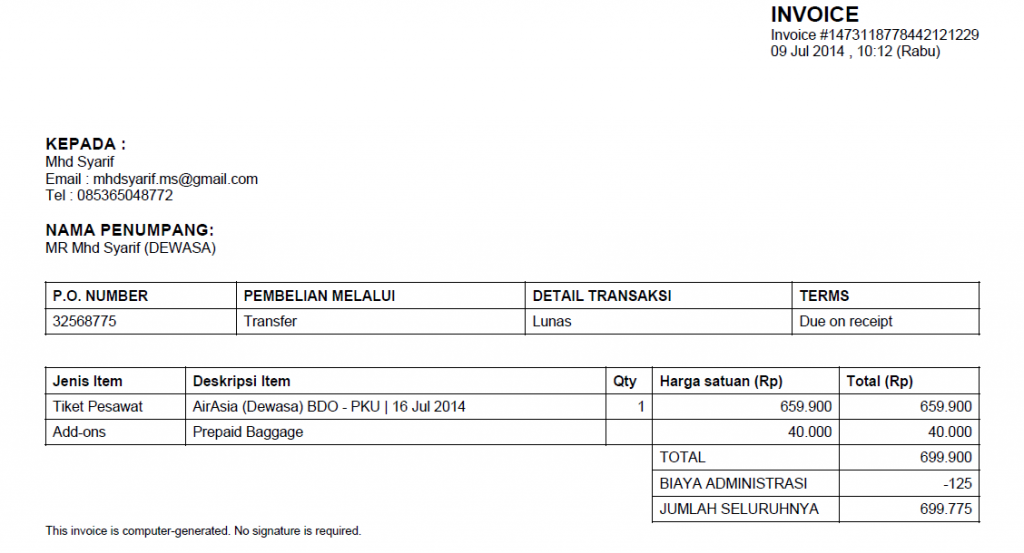 invoice-tiket-airasia-bandung-ke-pekanbaru